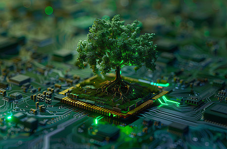 Árvore crescendo no ponto convergente da placa de circuito do computador. Computação verde, tecnologia verde, TI verde, RSE e ética de TI. Conceito de tecnologia verde. Tecnologia verde ambiental.