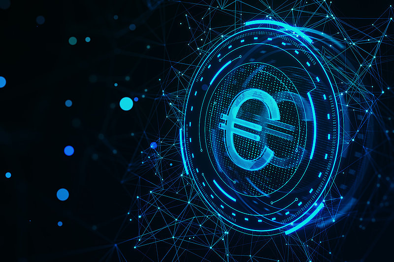 Creative round futuristic euro sign on dark polygonal background. Crypto, online banking, digital transformation and finance concept. 3D Rendering.