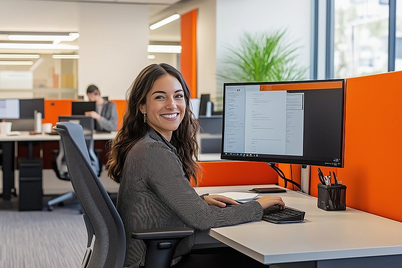 Retrato de mulheres jovens em ambiente de escritório moderno, sorrindo e usando trajes formais, criado por IA generativa.